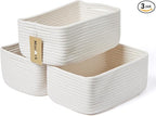Small Storage Baskets for Organizing | Closet Organizer Bins | Shelf Toy Basket | Woven Rope Baskets | Cube Decorative Box | Shallow Basket | 13x8.5x5.1” | 3 Packs Off White
