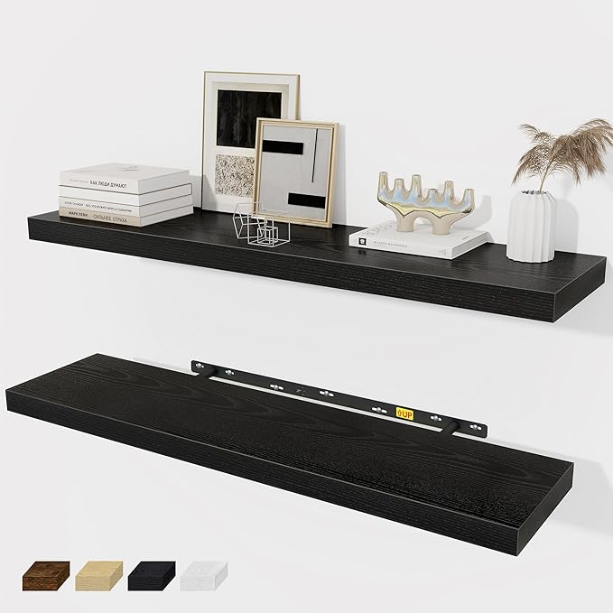 Fun Memories Black Floating Shelves 36 Inch Long, Rustic Farmhouse Bathroom Shelves Over Toliet, 36 x 8 Inch Floating Shelves for Wall, Deep Wall Shelf for Living Room, Kitchen, Bedroom, Set of 2