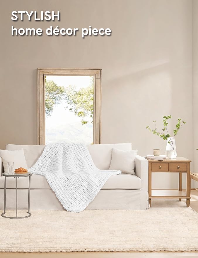 YnM Chunky Throw Blanket, Medium-Weight, Hand Knitted with Chenielle Yarn, Skin Friendly, Ventilated and Breathable, Machine Washable, Home Décor Piece for Couch, Sofa and Bed (White, 60x80 Inch)