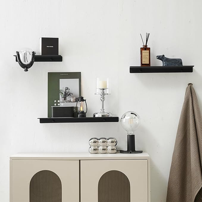 JOOM Metal Wall Shelf, Black Floating Shelf, Small Bathroom Shelf, 16" Display Shelves for Wall Storage (Black, 16 in)