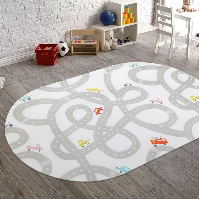 STARUIA Road Traffic Kids Rug Children Playing with Cars Playmat 4x6 Ft, Washable Play Carpet for Kids Playroom, Non-Slip Have Fun Safe Baby Nursery Rug for Toddler Boy's Bedroom Game Room Grey