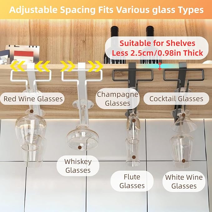 LINFIDITE 2 Pack Wine Glass Holder Stemware Rack Hanger Under Cabinet Wine Glass Rack Kitchen Hanging Storage Rack Organizer,White