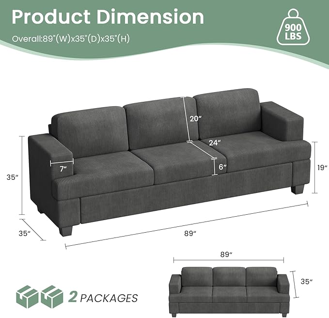 2 Pieces Corduroy Couch Set for Living Room, Black Cloud Sofa, Deep Seat Floor Couch for Bedroom, Futon Modern Sofa Sectional Bed, Black Corduroy