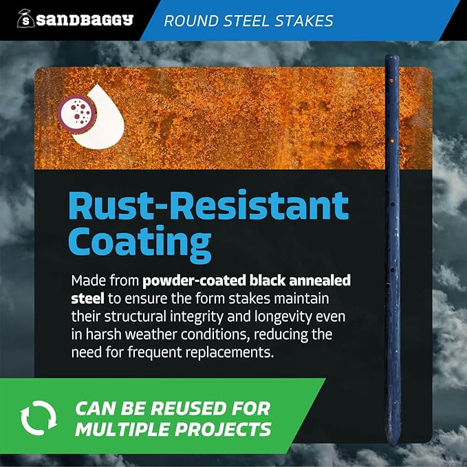 Sandbaggy Round Steel Concrete Form Stakes with Nail Holes - Rust Resistant Coating - Removable, Reusable (10, 3/4 in X 18 in)