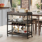 BON AUGURE Bar Cart, Home Bar Serving Cart on Wheels, Mobile 3 Tier Liquor Beverage Carts with Wine Rack and Glass Holder (Grey Oak)