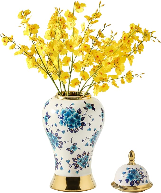 Ginger Jars for Home Decor, White and Gold Vase, Porcelain Ginger Jar Chinoiserie Blue and White Vase with Gold Trim and Floral Pattern, Ceramic Flower Vase for Home, Temple and Storage Jars(12in)