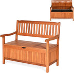 Tangkula Outdoor Wood Storage Bench Deck Box, Entryway Porch Storage Bench with Inner Removable Dust-Proof Lining & Portable Handles, Eucalyptus Wood Loveseat for Garden, Lawn, Balcony & Yard