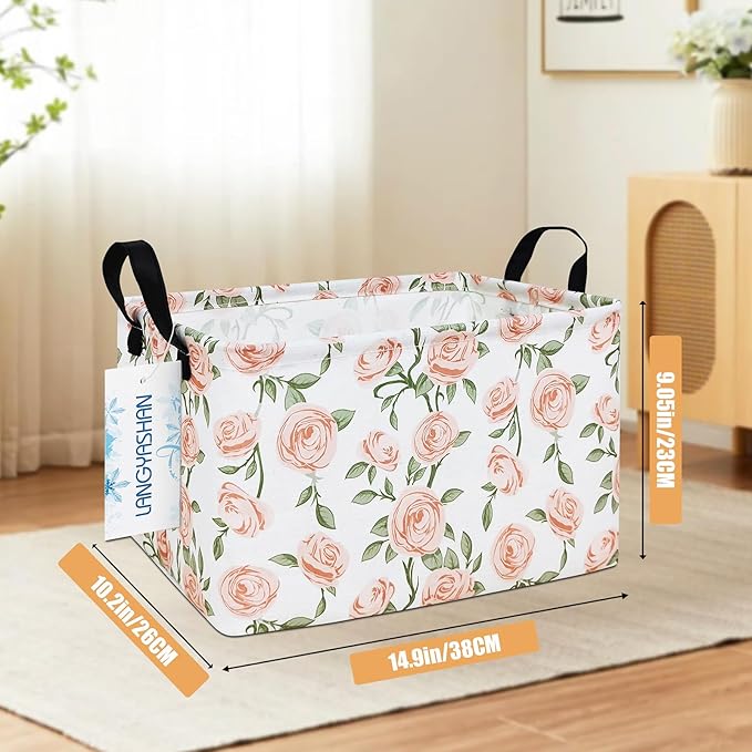 LANGYASHAN Rectangular Storage Bin Collapse Canvas Fabric Cartoon Storage Basket with Handles for Organizing Home Kitchen Boys and Girls Toys Office Closet Shelf Baskets (Rec Champagne Rose)