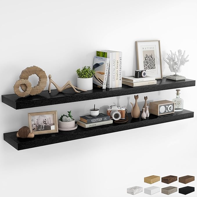 RICHFOCUS 72Inch Floating Shelves for Wall 2 Pack Shelves for Bedroom|Kitchen|Bathroom Wall Mounted Rustic Wood Floating Shelf with Invisible Brackets for Books|Storage|Decor, Black