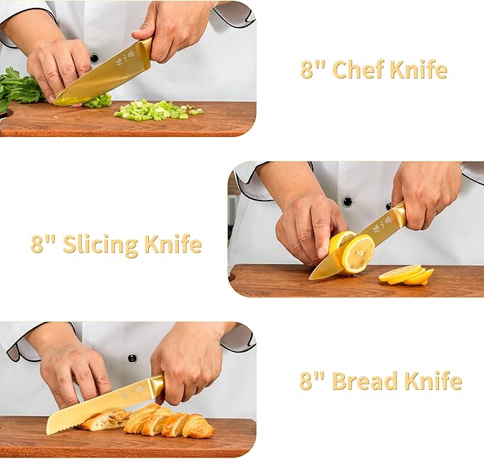 ZHANG XIAO QUAN SINCE 1628 15Pcs Knife Sets with Block, 50Cr15MoV Stainless Steel kitchen knife set with Built-in Sharpener Dishwasher Safe(Golden)
