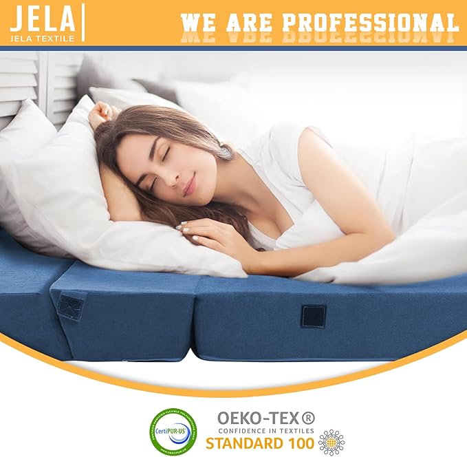 jela Foldable Sofa Bed Soft Foam Convertible Sleeper Chair Luxury Miss Fabric Fold Out Chair Bed Floor Couch with Back Support Floor Sofa for Living Room Bedroom (83"x33",Navy)