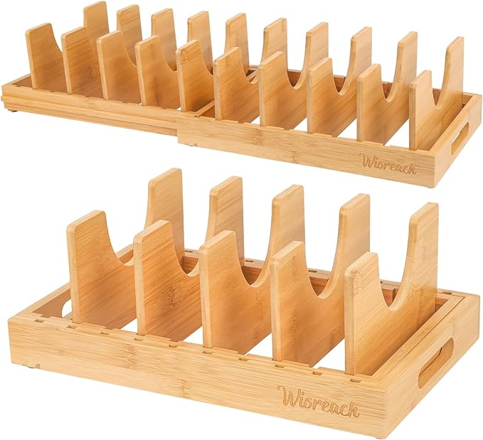 Bamboo Pot Lid Organizer, Adjustable Kitchen Organizer for Cabinet, Expandable Pot and Pan Storage Rack, Kitchen Organization for Lids, Bakeware, and Cutting Boards