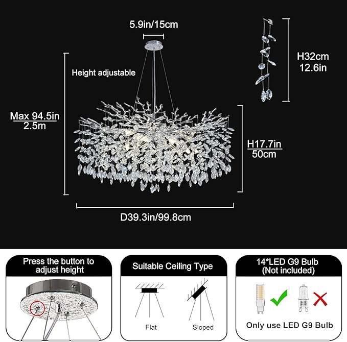 Modern Crystal Chandeliers for Dining Room, 40" Round Silver Tree Branches Chandeliers, Large Dining Room Over Table Chandeliers Lights Fixture, Branches and Crystals Ceiling Light Fixtures