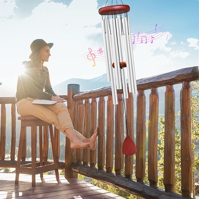 Large Aluminium Wind Chimes Outside, Soothing Melodic Memorial Sympathy Wind Chime, Suitable Outdoor Garden Decor, Gift for Mom Women Neighbors (Silver Wind Chimes-36)