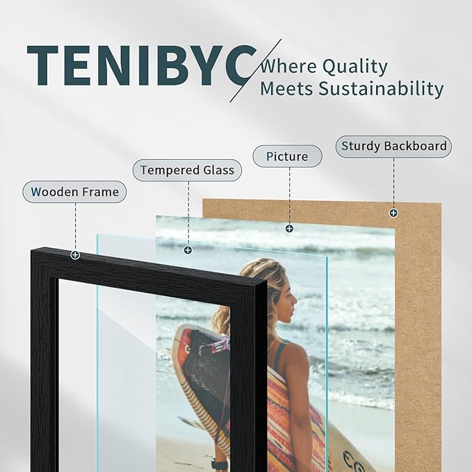 8.5x11 Picture Frame Set of 3 - Black Woodgrain, Solid Wood & HD Tempered Glass, Table Display or Wall Hanging