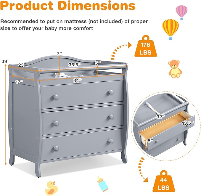 Costzon 3-Drawer Changing Table, Infant Diaper Changing Station with Drawers, Safety Rails & Strap, Baby Changing Table Dresser for Nursery, Easy Assembly (Gray)