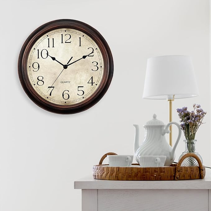 Wall Clock 10 Inch Battery Operated Silent Non-Ticking Analog Wall Clocks Vintage Retro Rustic Style Decorative for Bedroom Living Room Kitchen Office (Bronze)
