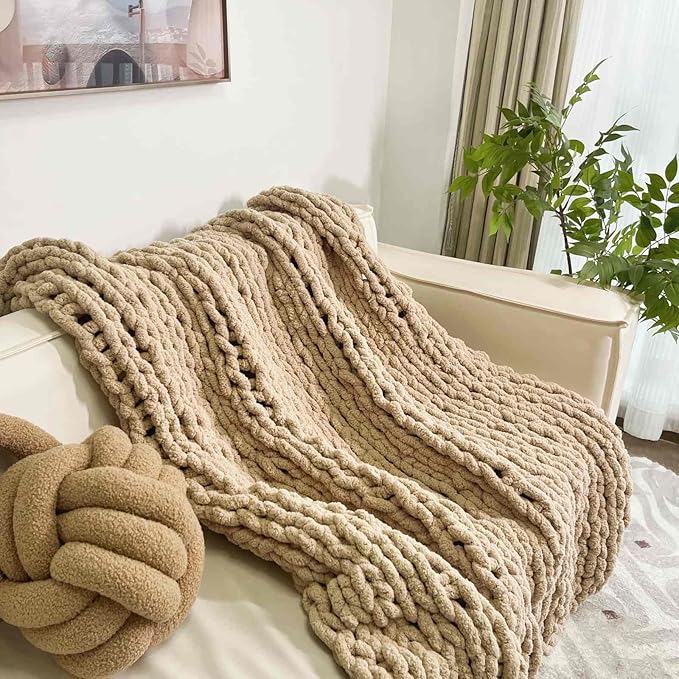 Chunky Knit Blanket Throw 48"x71", Chenille Throw Blankets, Handmade Warm & Cozy Blanket Couch Bed Home Decor, Soft Breathable Fleece Banket, Christmas for Couch Bed Sofa Best Gift (Tan)