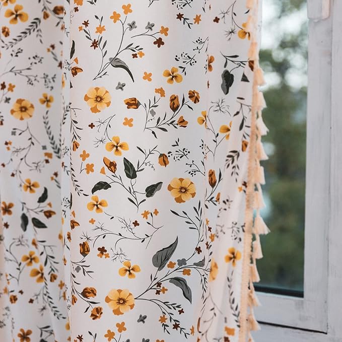Sutuo Home Boho Curtain Semi-Blackout Yellow Florals Print Cotton Linen Fabric, Handmade Tassels Rod Pocket Bohemian Farmhouse Country Window Drapes for Living Bedroom, 59" W x 84" L, 1 Panel