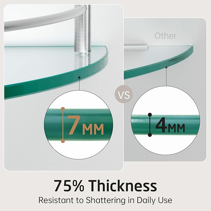 KES Glass Corner Shelf for Bathroom Corner Shelf 2 Pack Tempered Glass Shelf with Rail SUS 304 Stainless Steel Wall Mounted Brushed Finish, BGS2101A-2-P2