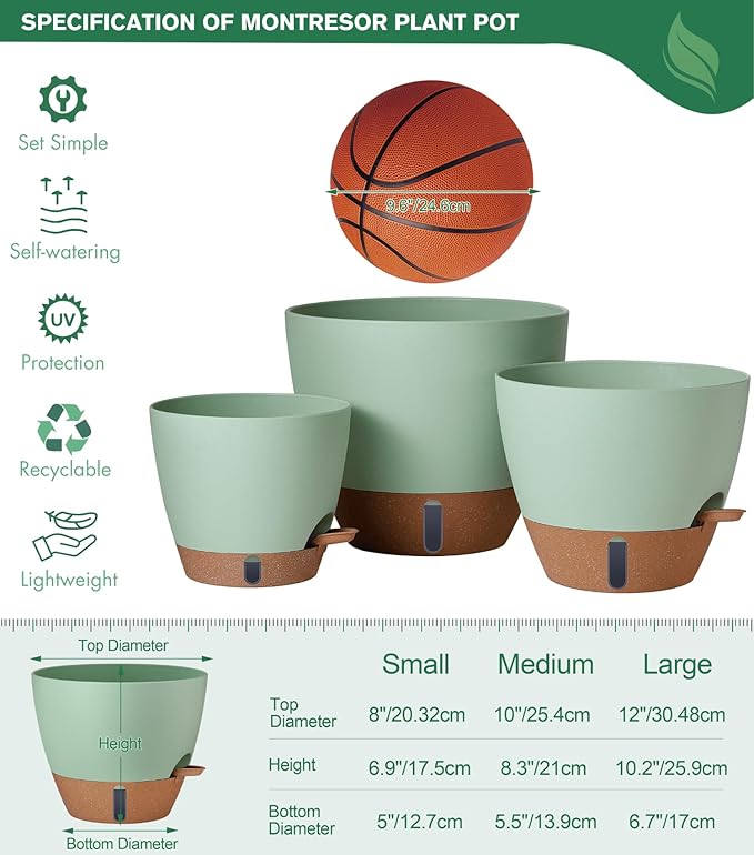 12/10/8 Inch Self Watering Pots for Indoor Plants Plastic Large Plant Pot for Outdoor Plants, Water Level Window & Spacious Reservoir Flower Pots Decorative Planter with Drainage and Tray (Green)