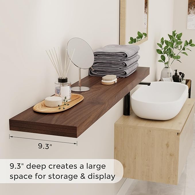 Floating Shelves 48 Inch Long, 48"W x 9"D Wall Shelf Invisible Bracket, 9 Inch Deep Floating Shelf for Wall, Rustic Wooden Shelves for Living Room, Kitchem, Bedroom, Walnut Color, Set of 1