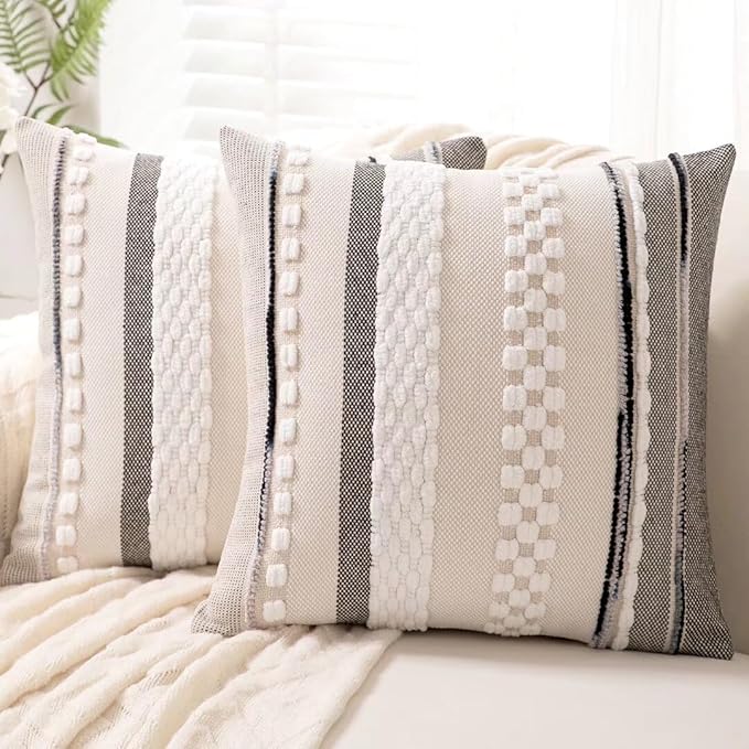 Boho Throw Pillow Covers 18x18 Set of 2 Farmhouse Decorative Cushion Case Striped Square Pillows Cover Chenille Pillow Cases Accent Neutral Pillowcase for Sofa Couch Bed,White