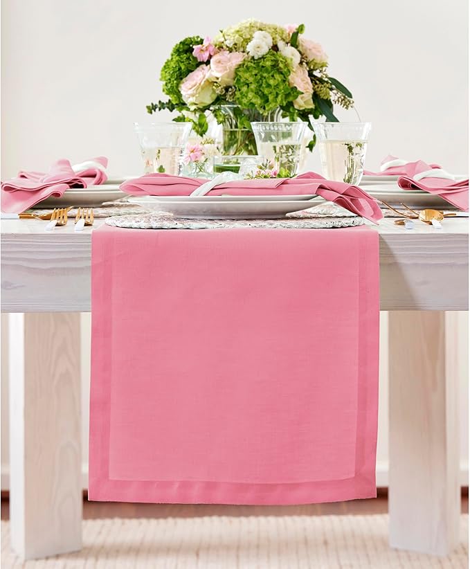 Solino Home Linen Pink Carnation Table Runner 48 Inches - 100% Pure Linen Short Table Runner 14 x 48 Inch Ideal for Dresser and Coffee Tables - Halloween - Fete
