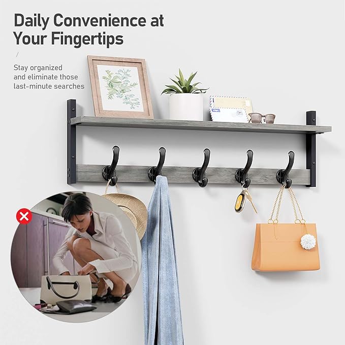 Tatub 29" Rustic Coat Rack Wall Mount with Shelf, Entryway Wall Hooks with Shelf and 5 Metal Hooks, Coat Hangers for Bathroom, Living Room, Bedroom, Kitchen, Grey