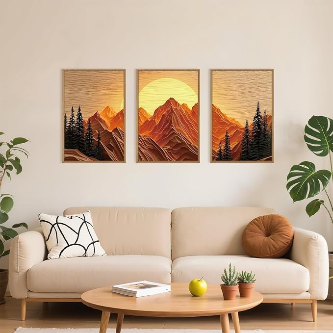 Large Mountain Framed Canvas Wall Art Set, Abstract Ridge Sun Painting, Boho Sunset Scenery Wall Decor,Modern Natural Landscape Art Print for Living Room,Bedroom,Office-16 x24 x3