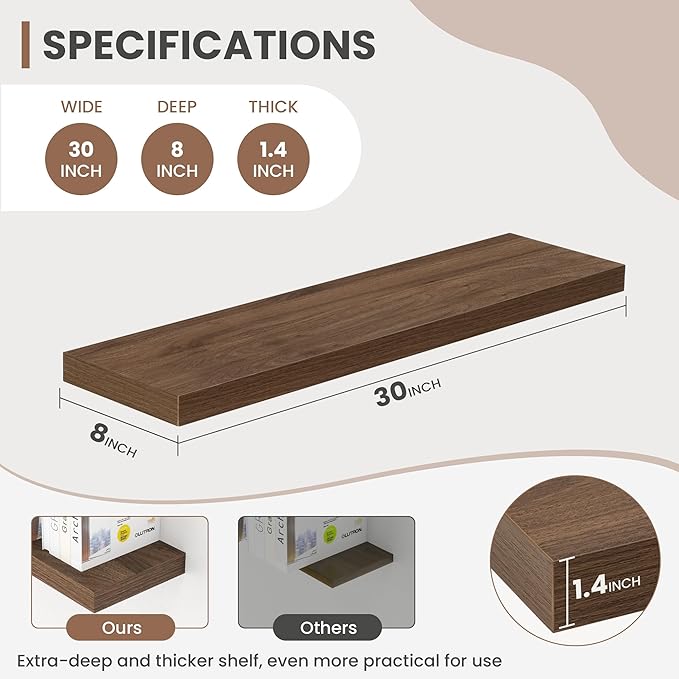 30 Inch Floating Shelves, 8 Inch Deep Floating Shelves for Wall, Hanging Shelf with Invisible Brackets, Deep Shelves for Bathroom, Bedroom, Living Room, Walnut, Set of 2