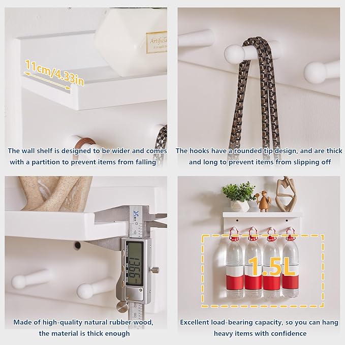 Wood Coat Hook with Wall-Mounted Shelf,15.75in Entryway Wall Hanging Shelf,for Bathroom, Kitchen,Coat Towel Key Organizer White YD-WS0240W