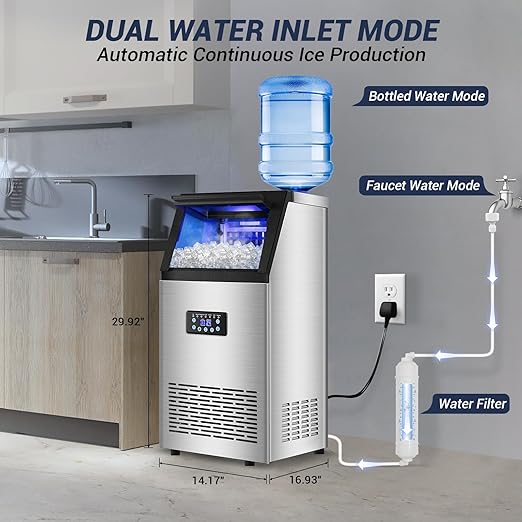 Commercial Ice Maker Machine 120LBS/24H with 30LBS Storage Bin, 15" Wide Undercounter/Freestanding Ice Maker Machine for Home Bar Outdoor, 40PCS Ice Cubes Ice Machine, Self Cleaning