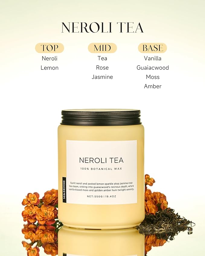 M&SENSE Neroli Tea Scented Candle, 19.4oz 110 Hours Long Lasting Burn 2 Wick Non Toxic Natural Soy Wax Candle for Women, Slow Burning Home Fragrance Gifts for Stress Relief & Relaxing