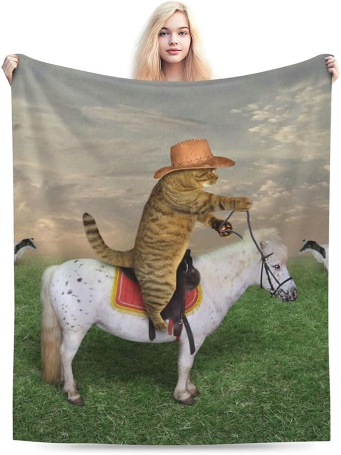 HGOD DESIGNS Funny Cat Throw Blanket Ultra Soft Warm All Season The Cat Cowboy on a Horse Decorative Fleece Blankets for Bed Chair Car Sofa Couch Bedroom 40"X50"