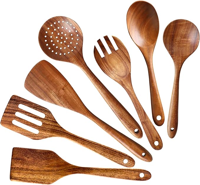 7 Pcs Acacia Wood Cooking Utensils Set Large Wooden Spoons for Cooking Spatula Salad Mixing Spoon Non Toxic Utensil for Kitchen Use Spatulas Non Stick Turner Slotted Serving Spoon Kitchen Utensils
