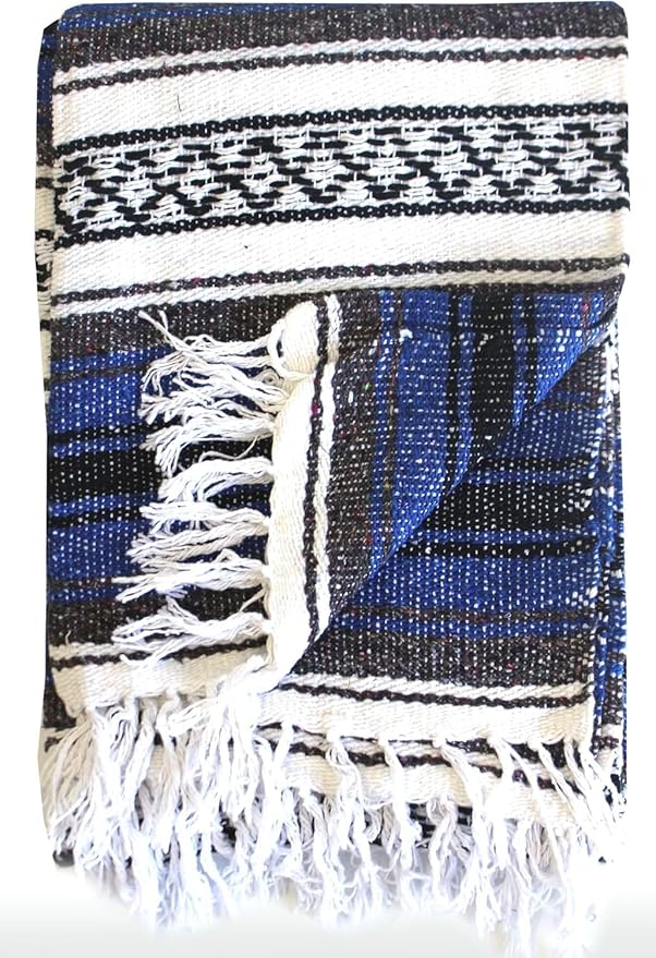 Del Mex Classic Mexican Blanket, Large Authentic Woven Falsa Throw (70"x50"), Artisan Southwest Décor for Beach, Yoga, Outdoors (Blue)
