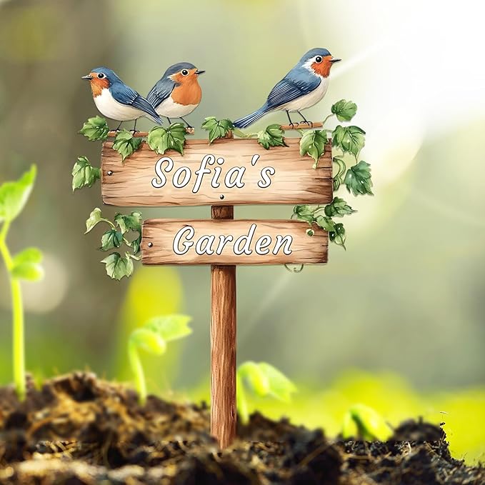 Personalized Bird Metal Sign with Stake,Custom Gardener Last Name Signs Outdoor Decor,Customized Flower Gardening Housewarming Gifts,Birds on the Branch Plaques for Patio Lawn Porch Backyard Farmhouse