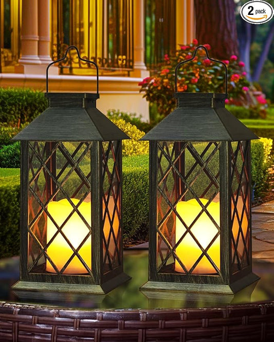 Otdair Solar Lanterns Outdoor Waterproof, 2 Pack 14" Solar Lantern with Glass Retro LED Flickering Flameless Candle,Lanterns Decorative Outdoor for Gift, Yard, Garden, Patio, Balcony,Porch, Party