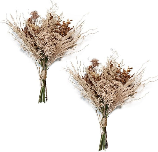 2 Pack Boho Artificial Flowers Plants Bouquet Decoration 13.8inch, Fake Plastic Brown Eucalyptus and Beige Grasses, Faux Floral Arrangement for Wedding Centerpieces Party Home Fall Decor