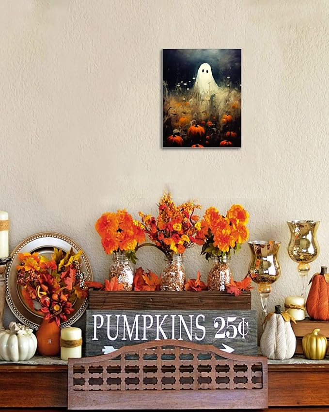 Halloween Canvas Wall Art, Spooky Ghost in Pumpkin Patch Poster, Vintage Gothic Fall Decor, Dark Academia Fall Decor for Living Room, Framed Indoor Halloween Decorations