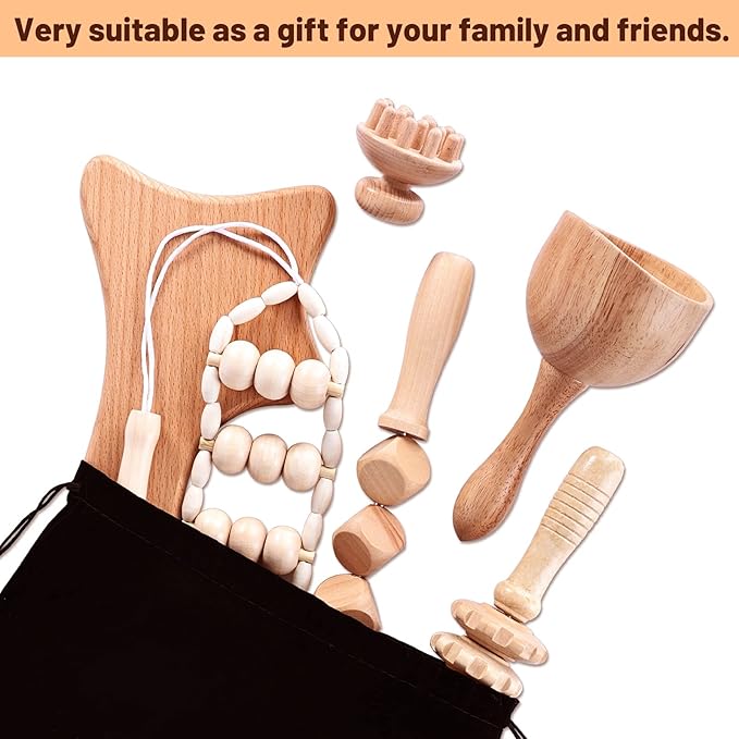 6 Pcs Wood Therapy Massage Tools, Meifuly Professional Complete Maderotherapia Wooden Massager Kit for Body Shaping, Lymphatic Drainage, Muscle Pain Relief, Anti-Cellulite (with Storage Bag)