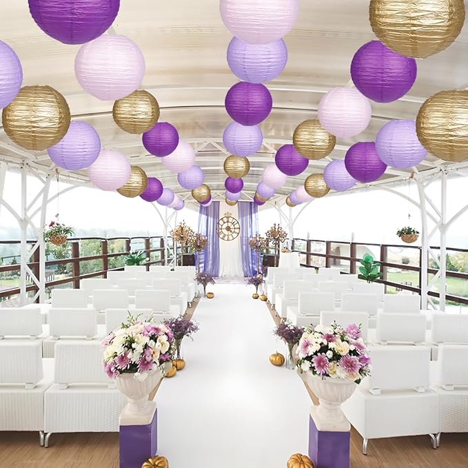 Paper Lanterns Purple Gold Round Hanging Chinese Lanterns for Birthday Baby Shower Bachelorette Party Decorations Pack of 12
