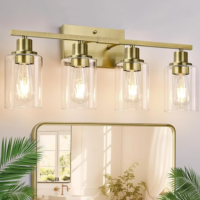 4 Light Bathroom Light Fixtures, Brass Vanity Lights for Bathroom with Clear Glass Shades, Modern Bathroom Wall Sconces for Mirror Living Room Cabinet