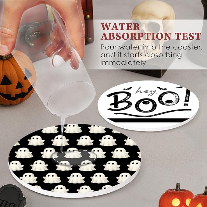 Coaster for Drinks Set of 6, Halloween Hey Boo Cute Ghost Spooky Black White Absorbent Round Ceramic Stone Mat, with Cork Base and Metal Holder, Gift for Housewarming Room Bar Decor