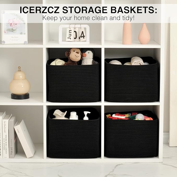 Storage Baskets for Organizing & Shelves, Woven Cotton Rope Organization Bins for Dog Toys, Clothes, Books, Nursery Organizer, 15" Lx11''Wx9.5''H, (4 Packs) Black