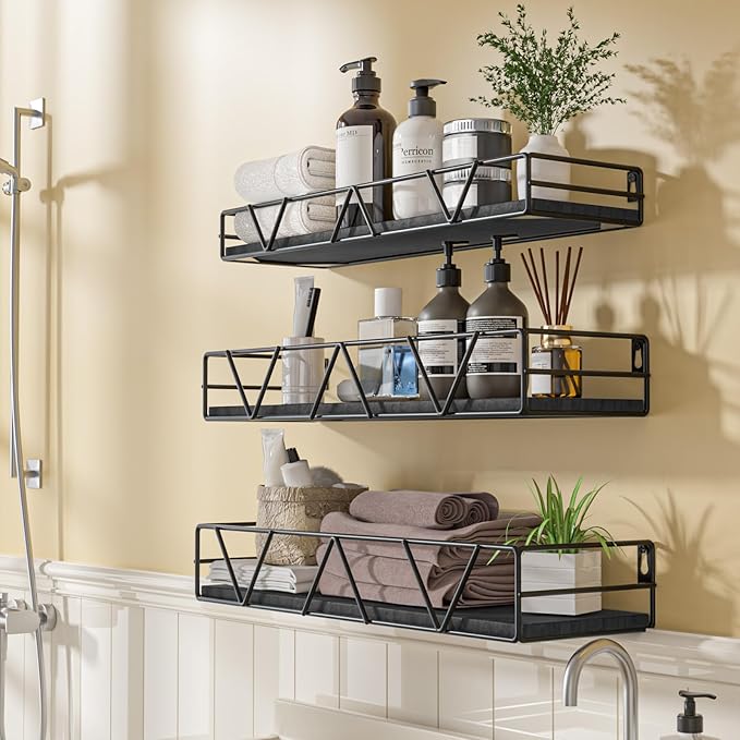 Floating Shelves Set of 3, Home Wood Wall Shelf, Farmhouse Shelf for Bedroom, Wall Mounted Floating Shelf for Living Room, Bedroom, Bathroom, Kitchen, Office (Black 2)