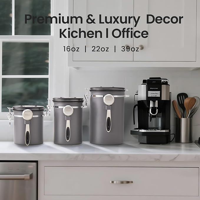 Veken Coffee Canister, 39OZ Large, Airtight Stainless Steel Food Storage Container for 2.2lbs Coffee Beans, Ground, Sugar, Tea, Flour, Rice, Cereal, Cookies Jars, Bar Accessories & Gifts, Black