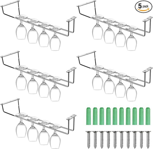 5 Pack Wine Glass Rack Stainless Steel Wine Glass Holder, 14inch Hanging Stemware Rack for Bar Kitchen Cabinet