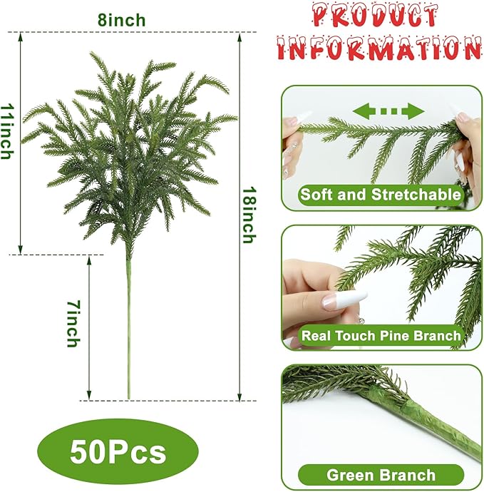 Artgar 50 Pcs Pine Branches - 18 Inch Artificial Green Pine Stem - Real Touch Pines Branches - Christmas Greenery Pines Branches for DIY Flower Arrangement Home Indoor Christmas Decor